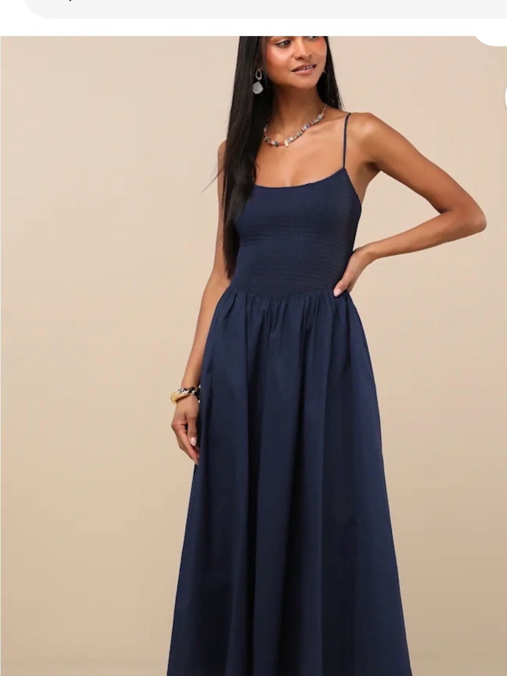 Lulu's Navy Smocked Midi Dress with Spaghetti Straps